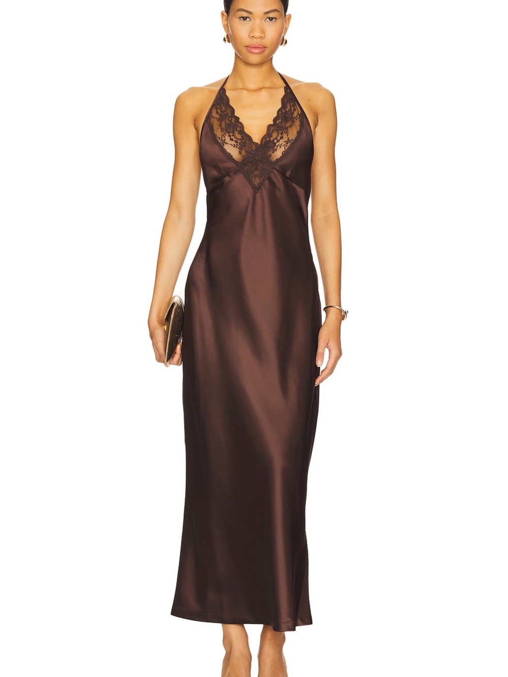 4th & Reckless Blair Halter Maxi Dress Brown Chocolate Lace Satin NWT XS
